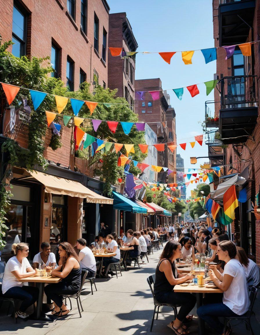 A colorful urban scene featuring diverse LGBTQ individuals joyfully interacting on a vibrant city sidewalk. Incorporate rainbow flags, street art, and lively decorations, capturing a sense of community and celebration. Add elements like lively cafe tables, people laughing, and playful street performances to enhance the festive atmosphere. The skyline should include modern architecture and greenery to reflect a harmonious urban environment. vibrant colors. super-realistic.